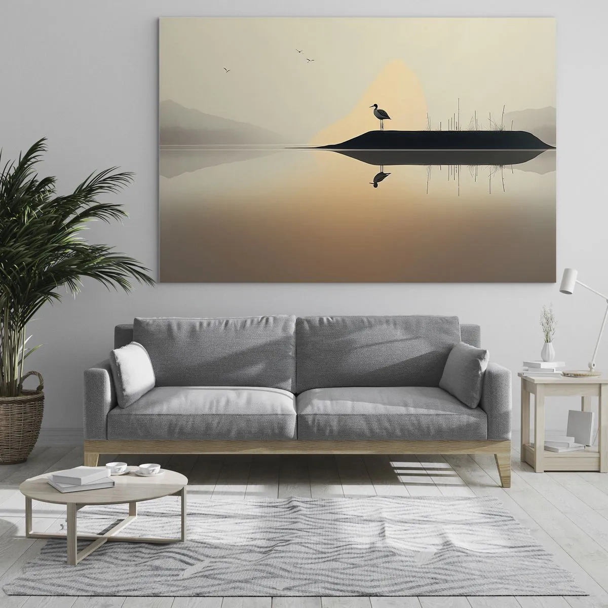 Obraz na szkle - Czapla stojąca na wysepce wśród spokojnych wód jeziora - 70x50cm - Pan na jeziorze - Nowoczesna dekoracja ścienna do salonu i sypialni ARTTOR