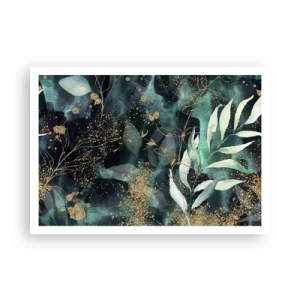 Plakat - Eleganckie liście na ciemnym tle z złotymi akcentami - 100x70cm - Zaczarowany ogród - Nowoczesna dekoracja ścienna do salonu i sypialni ARTTOR