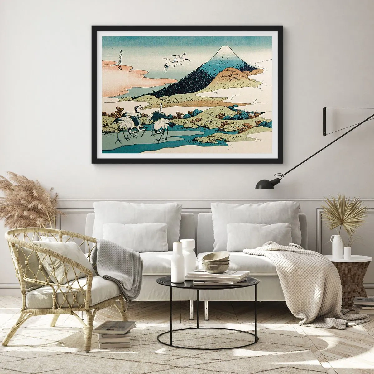 Plakat w czarnej ramie - Tradycyjna japońska grafika z górami i żurawiami - 70x50cm - W japońskim duchu - Nowoczesna dekoracja ścienna do salonu i sypialni ARTTOR