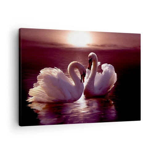 Obraz na płótnie - Dwa łabędzie na spokojnym jeziorze o zachodzie słońca - 70x50cm - Aż śmierć nas nie rozłączy - Nowoczesna dekoracja ścienna do salonu i sypialni ARTTOR