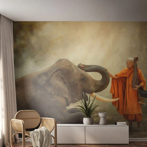 Fototapeta na wymiar Premium Canvas - Spotkanie w podróży - Azja, Słoń, Mnich