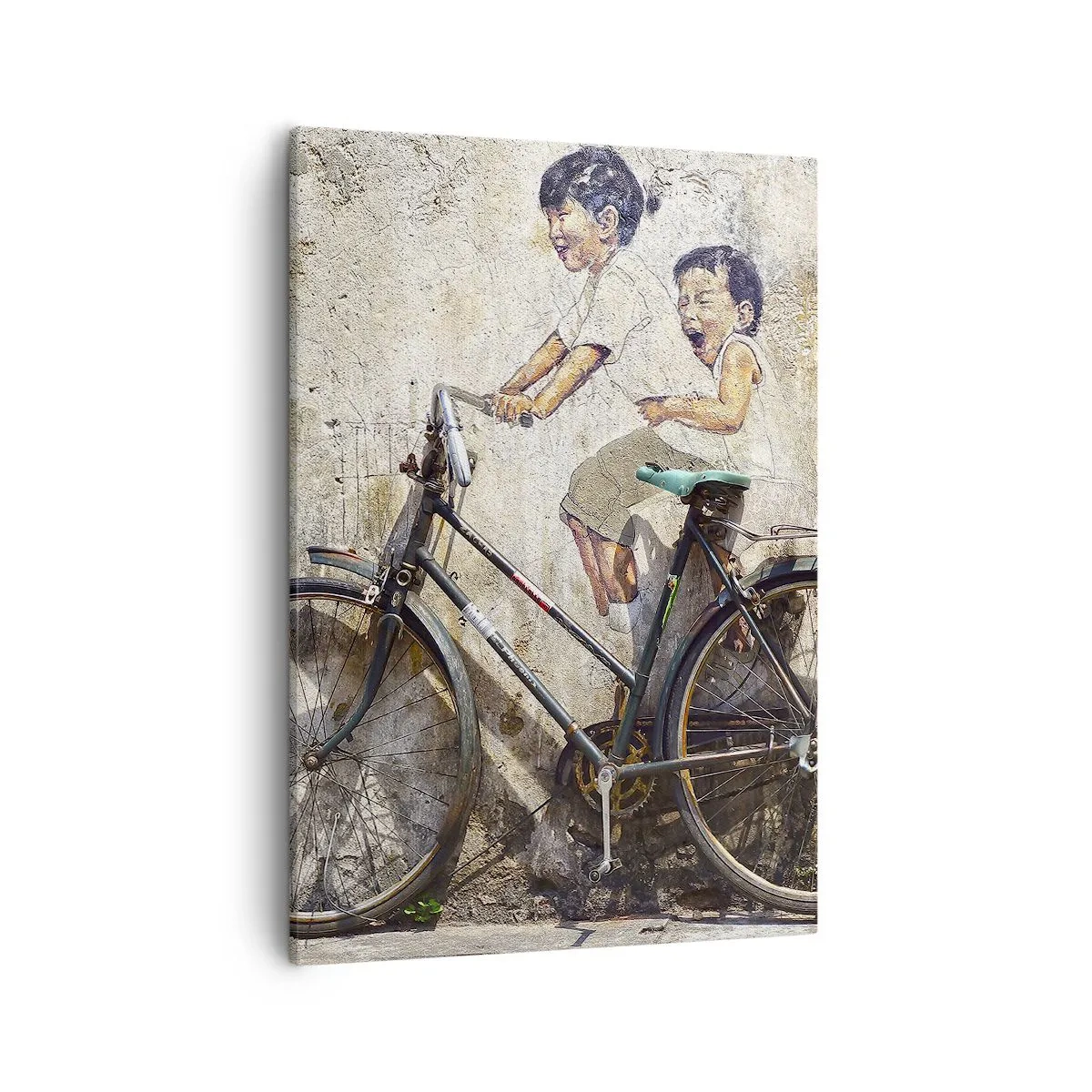 Obraz na płótnie - Mural dzieci na rowerze - 50x70cm - Prawda czy fałsz? - Nowoczesna dekoracja ścienna do salonu, kuchni i sypialni ARTTOR