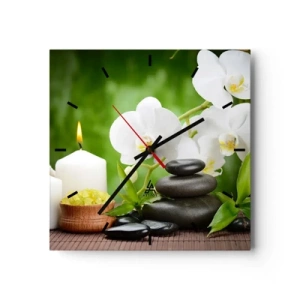 Zegar ścienny - Orchidee, świece i kamienie w otoczeniu natury - 30x30cm - Wonny, kwiatowy, delikatny dotyk - Nowoczesna dekoracja ścienna do salonu i sypialni ARTTOR