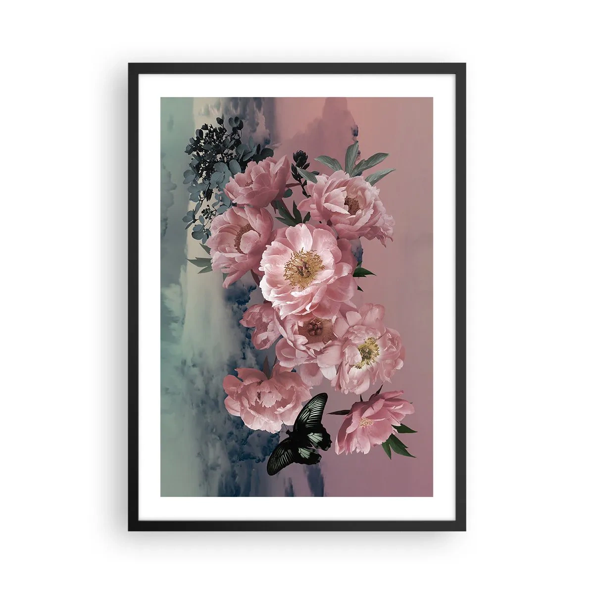 Plakat w czarnej ramie - Romantyczna kompozycja kwiatów i motyla w pastelowych barwach - 50x70cm - Szczyt romantyzmu - Nowoczesna dekoracja ścienna do salonu i sypialni ARTTOR