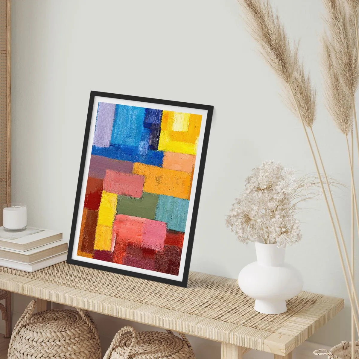Plakat w czarnej ramie - Abstrakcyjne kolorowe prostokąty w harmonijnej kompozycji - 50x70cm - Każdy inny, wszystkie barwne - Nowoczesna dekoracja ścienna do salonu i sypialni ARTTOR