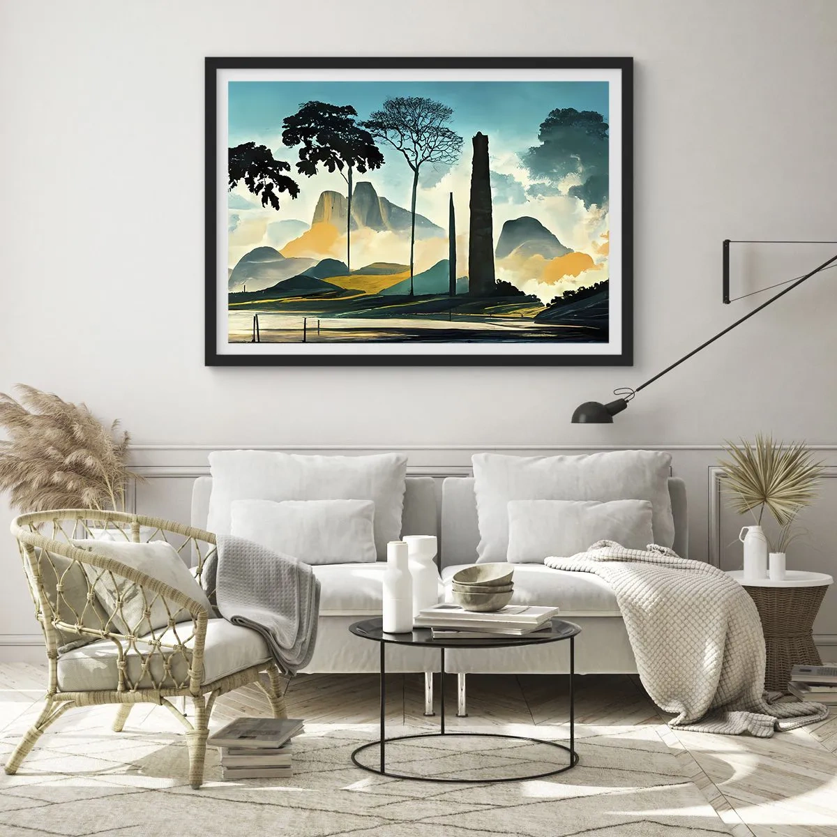 Plakat w czarnej ramie - Malowniczy pejzaż z drzewami i górami w tle - 70x50cm - Wciąż wyżej i wyżej - Nowoczesna dekoracja ścienna do salonu i sypialni ARTTOR