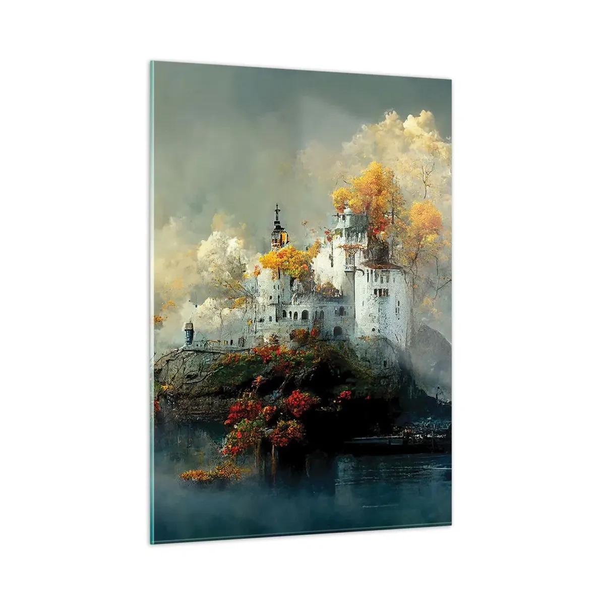Obraz na szkle - Zamek na skale otoczony mgłą i jesiennymi drzewami - 50x70cm - Początek romantycznej opowieści - Nowoczesna dekoracja ścienna do salonu, kuchni i sypialni ARTTOR