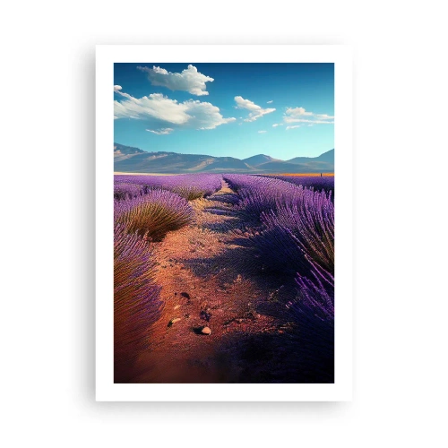 Plakat - Pole lawendy o zachodzie słońca z górskim krajobrazem w tle - 50x70cm - Pachnące pola - Nowoczesna dekoracja ścienna do salonu, kuchni i sypialni ARTTOR