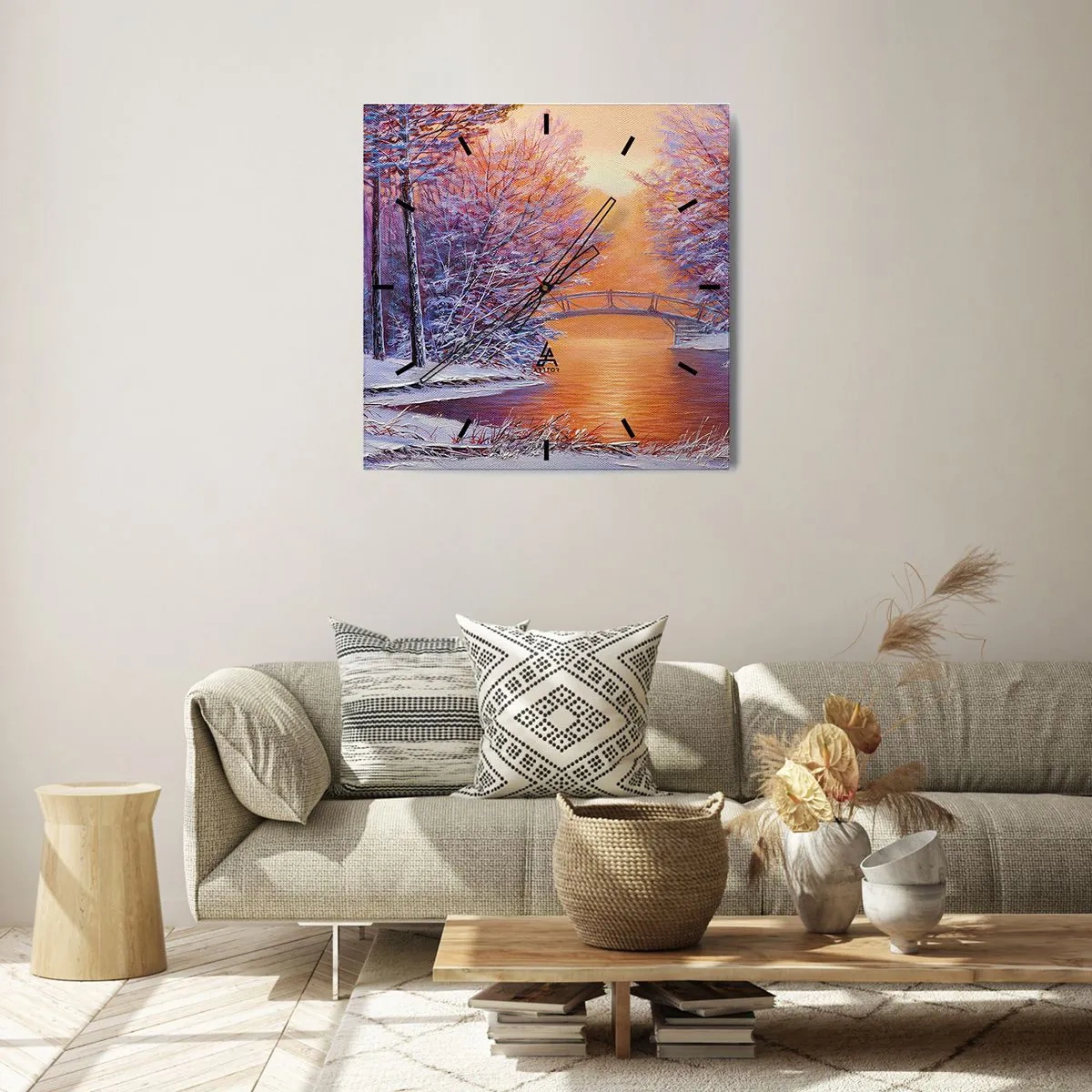 Zegar ścienny - Zimowy krajobraz z mostkiem i zachodem słońca - 30x30cm - Spotkajmy się tu - Nowoczesna dekoracja ścienna do salonu i sypialni ARTTOR