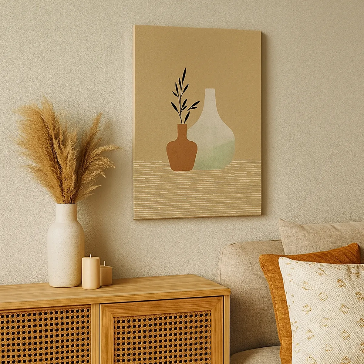 Obraz na płótnie - Minimalistyczna kompozycja dwóch wazonów na beżowym tle - 50x70cm - Wazon i jego idea - Nowoczesna dekoracja ścienna do salonu, kuchni i sypialni ARTTOR