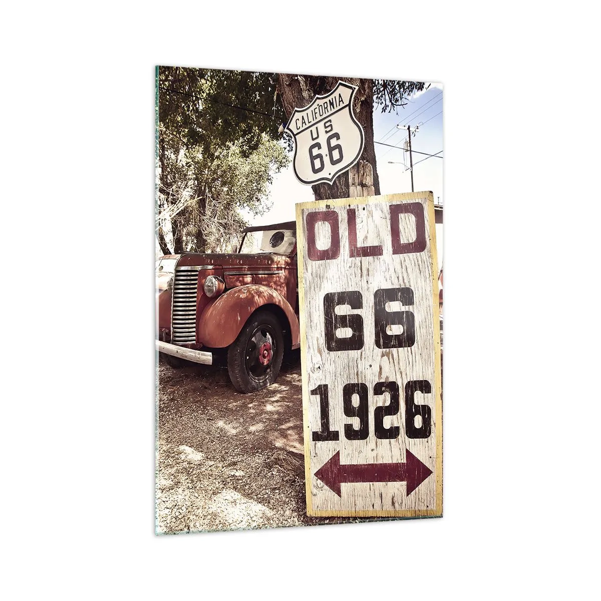 Obraz na szkle - Retro samochód i znak Route 66 w rustykalnym otoczeniu - 70x100cm - Legenda amerykanskiej prowincji - Nowoczesna dekoracja ścienna do salonu i sypialni ARTTOR