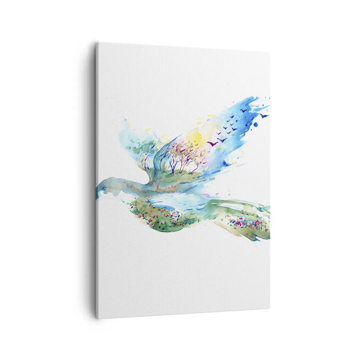 Obraz na płótnie - Akwarelowa sylwetka ptaka wypełniona krajobrazem z rzeką i drzewami - 50x70cm - Na skrzydłach natury - Nowoczesna dekoracja ścienna do salonu, kuchni i sypialni ARTTOR