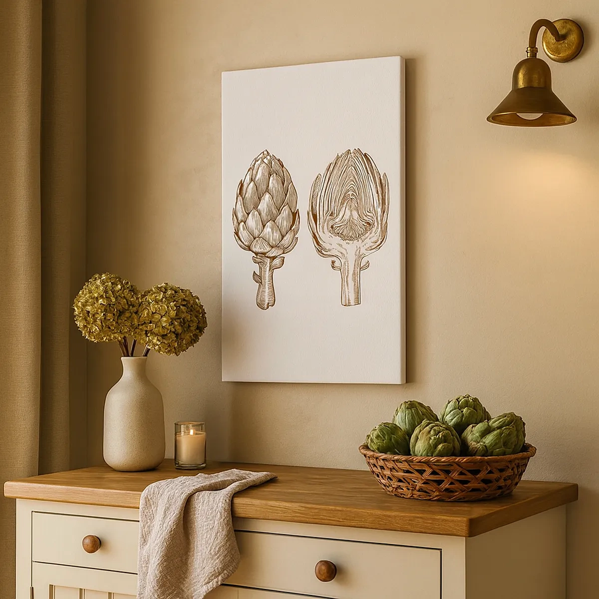 Obraz na płótnie - Rysunek dwóch karczochów na jasnym tle - 50x70cm - Lekcja anatomii - Nowoczesna dekoracja ścienna do salonu, kuchni i sypialni ARTTOR