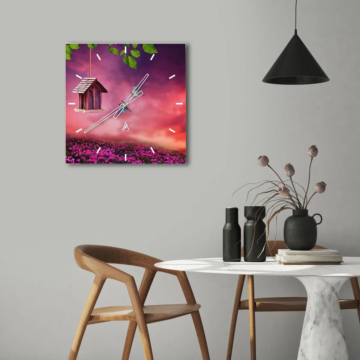 Zegar ścienny - Malowniczy krajobraz z budką dla ptaków i zachodem słońca - 30x30cm - Zaproszenie na kolację - Nowoczesna dekoracja ścienna do salonu i sypialni ARTTOR