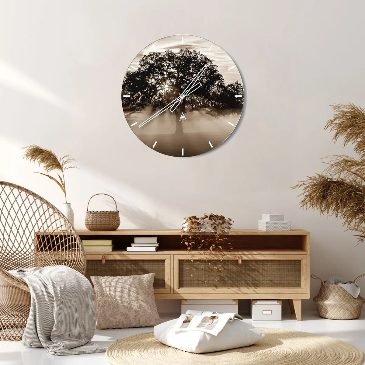 Zegar ścienny - Drzewo w mglistej scenerii o świcie w sepii - 30x30cm - Drzewo wiadomości samego dobrego - Nowoczesna dekoracja ścienna do salonu, kuchni i sypialni ARTTOR