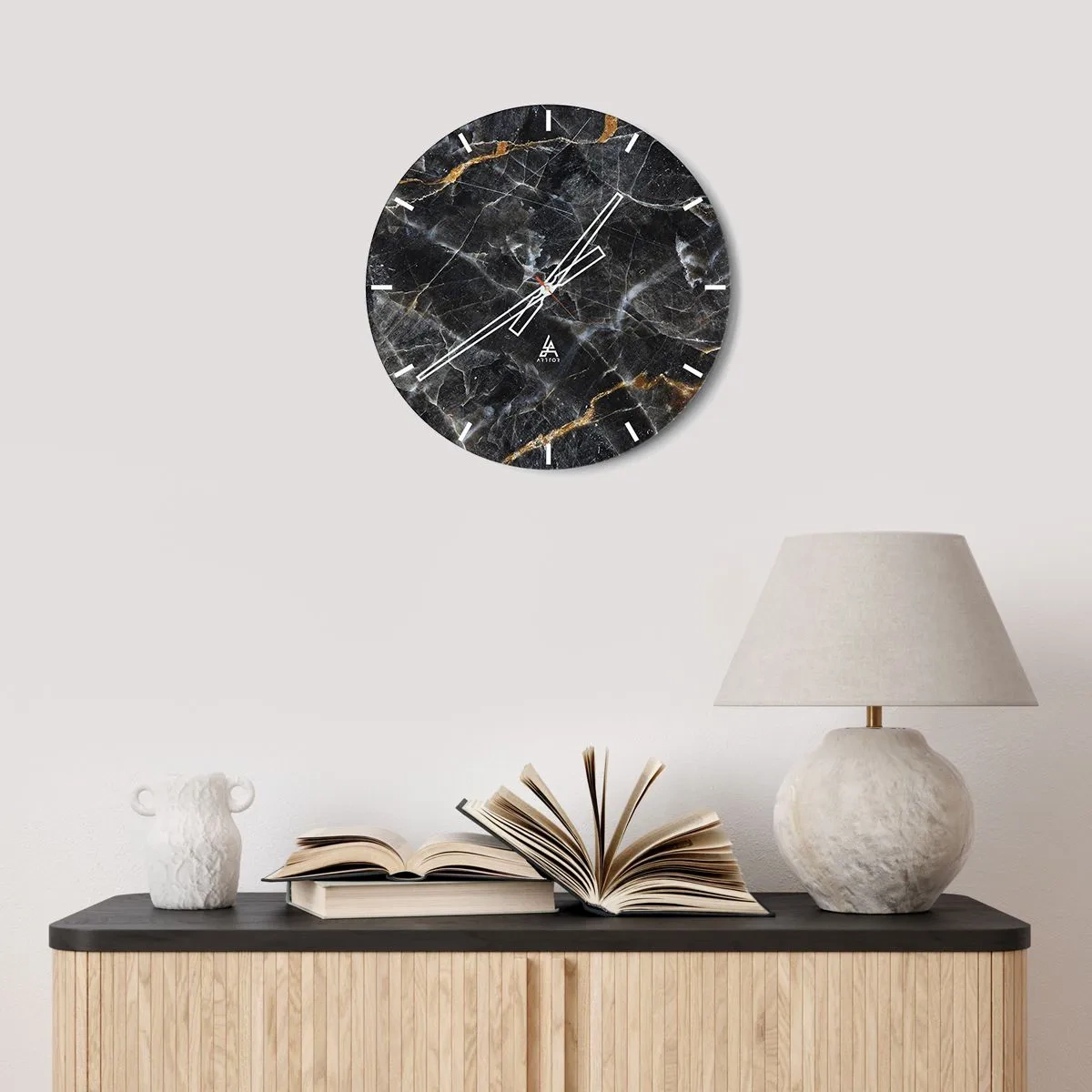 Zegar ścienny - Struktura czarnego marmuru z jasnymi i złotymi żyłami - 30x30cm - Wewnętrzne życie kamienia - Nowoczesna dekoracja ścienna do salonu, kuchni i sypialni ARTTOR