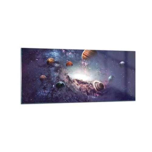 Obraz na szkle - Planety w galaktyce na tle mgławicy - 120x50cm - Układ słoneczno-taneczny - Nowoczesna dekoracja ścienna do salonu i sypialni ARTTOR