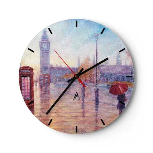 Zegar ścienny - Malowniczy pejzaż miasta z Big Benem i czerwoną parasolką - 30x30cm - Londyński jesienny dzień - Nowoczesna dekoracja ścienna do salonu, kuchni i sypialni ARTTOR