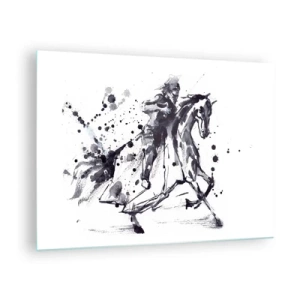 Obraz na szkle - Czarno-biały obraz jeźdźca na koniu w stylu abstrakcyjnym - 70x50cm - Czarny rycerz - Nowoczesna dekoracja ścienna do salonu i sypialni ARTTOR