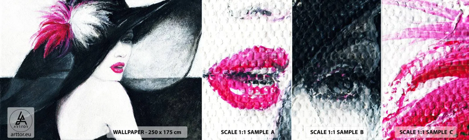 Fototapeta Próbka Samoprzylepna Deluxe Sticker - Zawsze tajemnica - Kobieta W Kapeluszu, Twarz Kobiety, Czerwone Usta - 100x30 cm