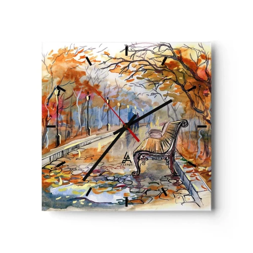 Zegar ścienny - Jesienny park z ławką w akwarelowym ujęciu - 30x30cm - Razem powędrować w jesień - Nowoczesna dekoracja ścienna do salonu i sypialni ARTTOR