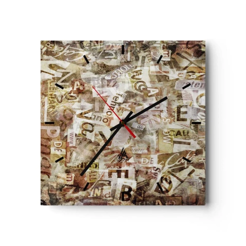 Zegar ścienny - Abstrakcyjna kompozycja z literami i wycinkami tekstu - 30x30cm - Zjednoliterzam paplomanię - Nowoczesna dekoracja ścienna do salonu i sypialni ARTTOR