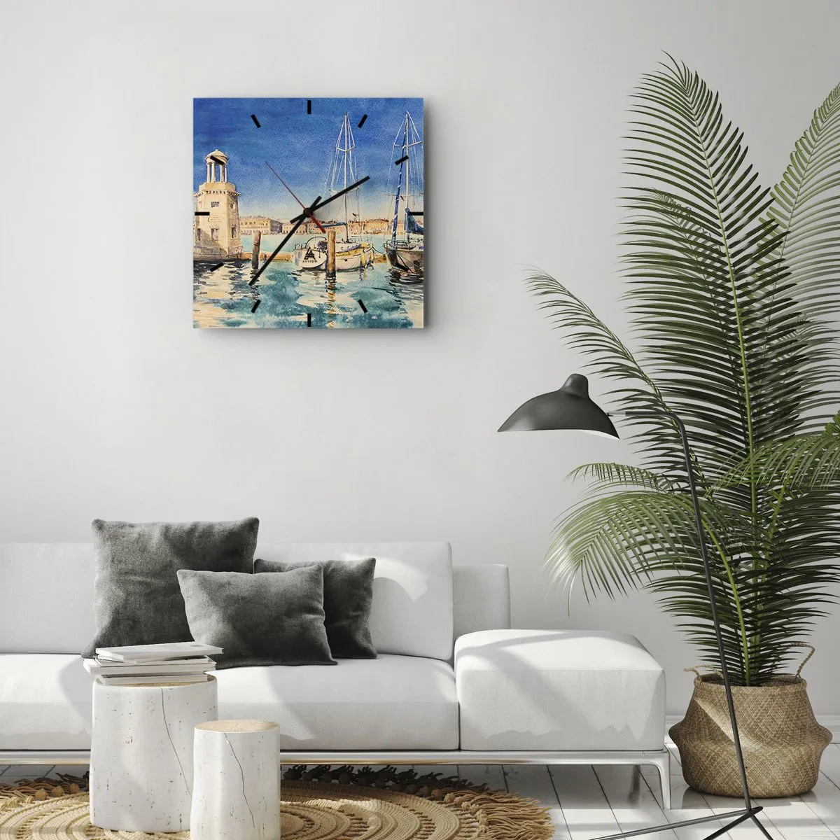 Zegar ścienny - Marina z łodziami na tle błękitnej laguny - 30x30cm - Słoneczna laguna - Nowoczesna dekoracja ścienna do salonu i sypialni ARTTOR