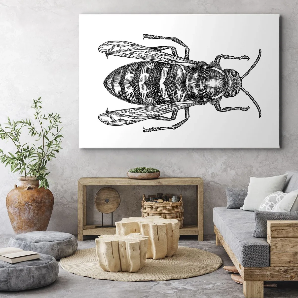 Obraz na płótnie - Rysunkowy motyw osy na białym tle w stylu minimalistycznym - 70x50cm - Z owadziej planety - Nowoczesna dekoracja ścienna do salonu i sypialni ARTTOR