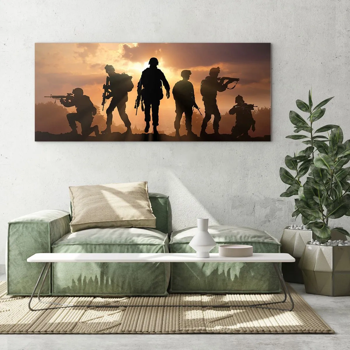 Obraz na szkle - Żołnierze na tle zachodzącego słońca w dynamicznej scenerii - 120x50cm - Brothers in arms - Nowoczesna dekoracja ścienna do salonu i sypialni ARTTOR