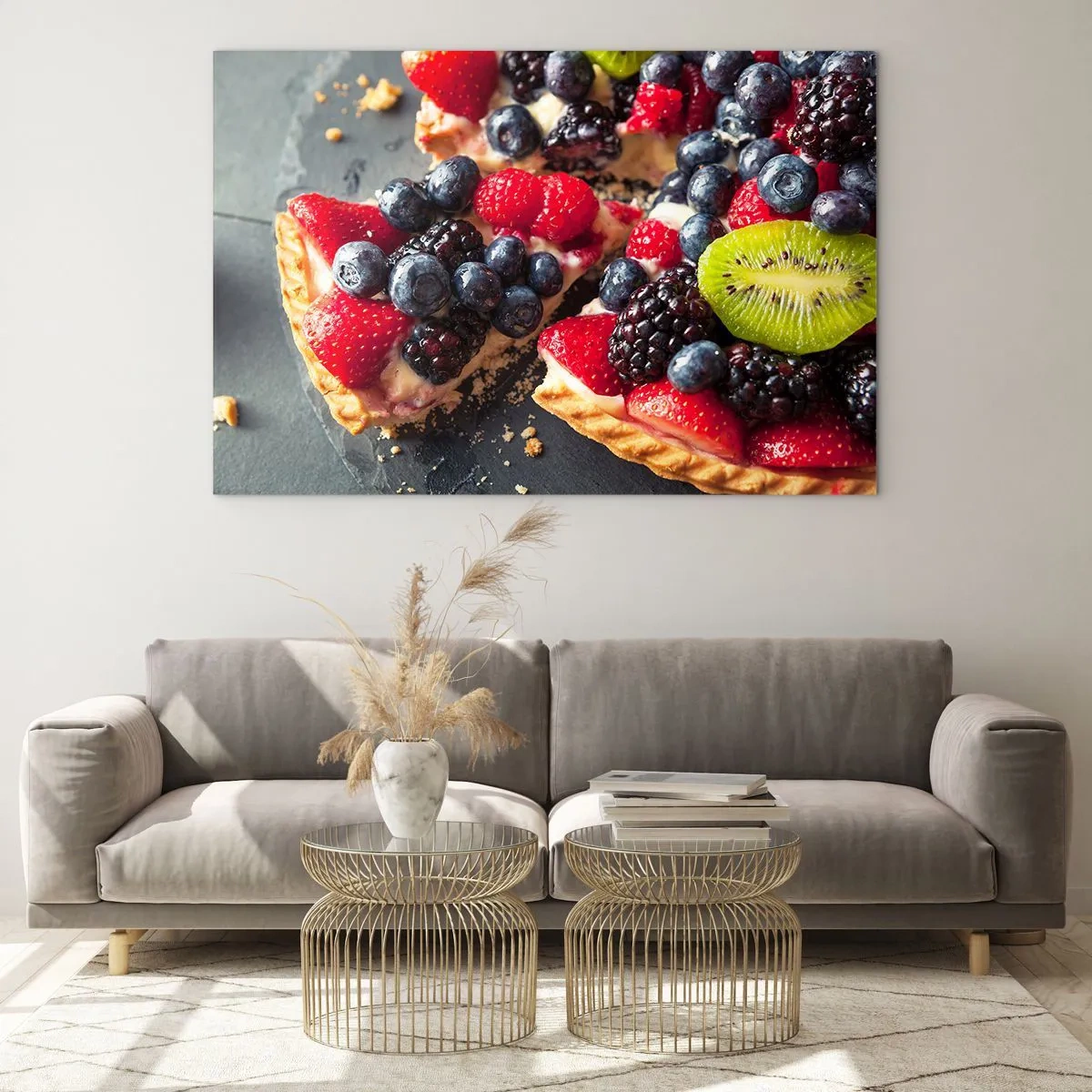 Obraz na szkle - Owocowa tarta z jagodami, kiwi i truskawkami - 70x50cm - Dolce vita! - Nowoczesna dekoracja ścienna do salonu i sypialni ARTTOR