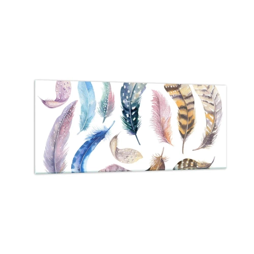 Obraz na szkle - Kolorowe pióra w delikatnym akwarelowym stylu - 120x50cm - Lekkie, pstrokate i wielobarwne - Nowoczesna dekoracja ścienna do salonu i sypialni ARTTOR