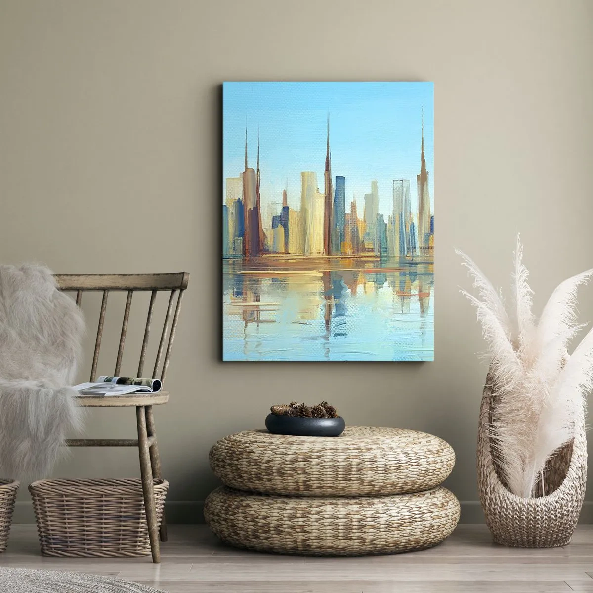 Obraz na płótnie - Panorama miasta w ciepłych barwach z odbiciem w wodzie - 70x100cm - Słoneczna metropolia - Nowoczesna dekoracja ścienna do salonu i sypialni ARTTOR