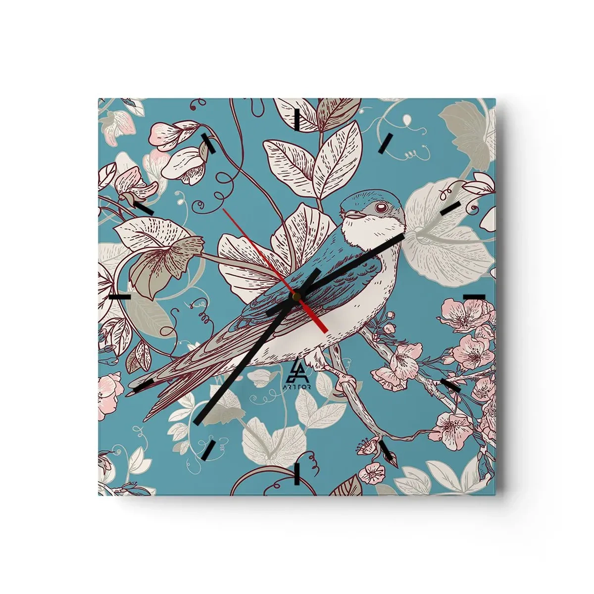 Zegar ścienny - Ptak na gałęzi w delikatnym floralnym stylu - 30x30cm - W białodrzewiu ćwirnie i srebliście - Nowoczesna dekoracja ścienna do salonu i sypialni ARTTOR