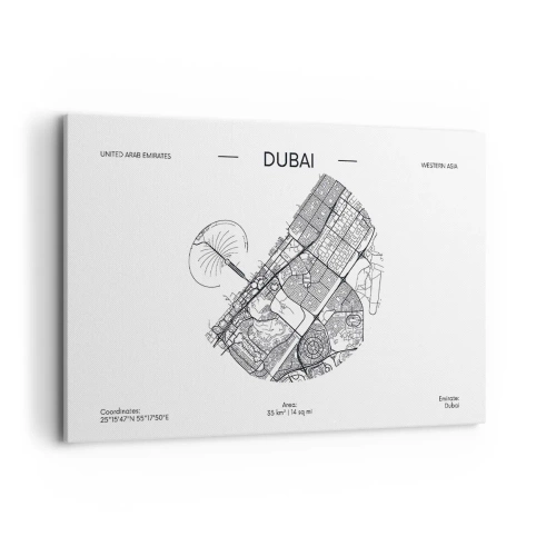 Obraz na płótnie - Minimalistyczna mapa Dubaju w czarno-białej kolorystyce z oznaczeniami lokalizacji - 120x80cm - Anatomia Dubaju - Nowoczesna dekoracja ścienna do salonu, kuchni i sypialni ARTTOR