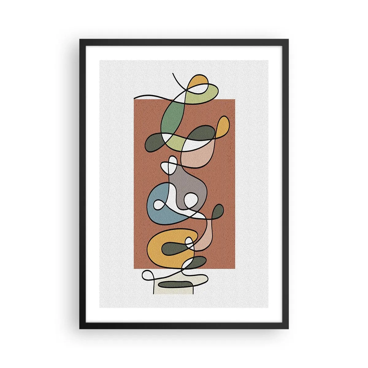 Plakat w czarnej ramie - Abstrakcyjna geometryczna kompozycja z organicznymi liniami - 50x70cm - Abstrakcja: kolorowy pląs - Nowoczesna dekoracja ścienna do salonu i sypialni ARTTOR