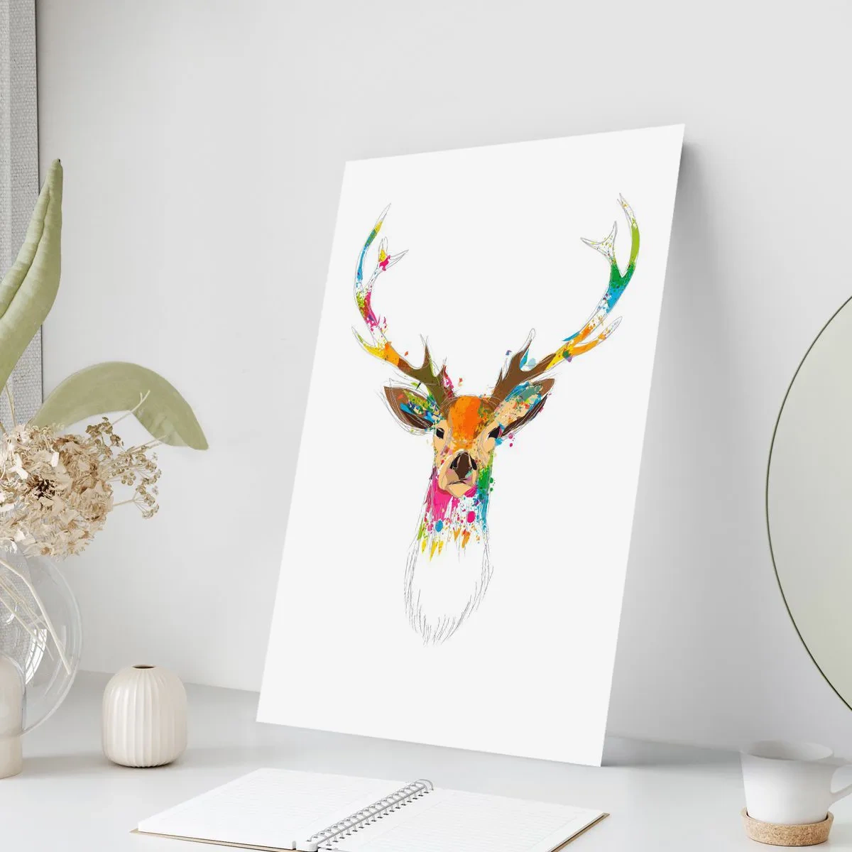 Plakat - Kolorowy jeleń w stylu abstrakcyjnym na białym tle - 50x70cm - Łagodny jelonek skąpany w kolorze - Nowoczesna dekoracja ścienna do salonu, kuchni i sypialni ARTTOR