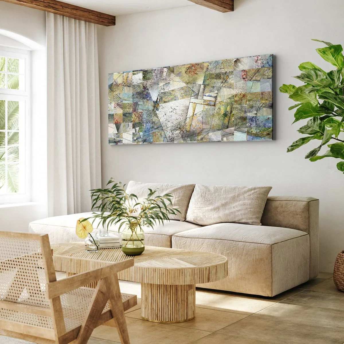 Obraz na płótnie - Kolorowa abstrakcja z geometrycznymi kształtami i liniami - 160x50cm - Geometryczne przetasowanie - Nowoczesna dekoracja ścienna do salonu i sypialni ARTTOR