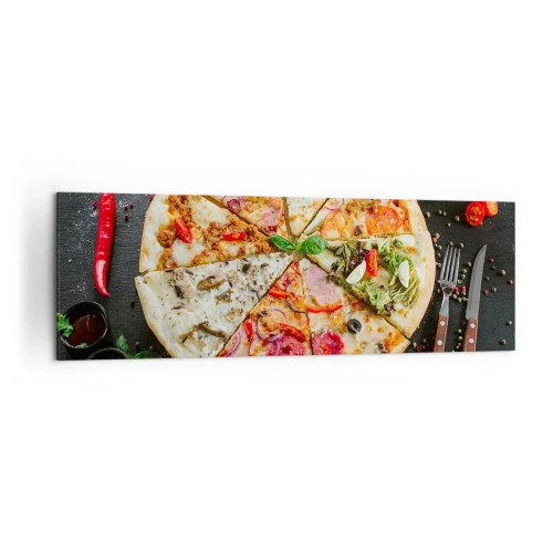 Obraz na płótnie - Pizza w różnych smakach na tle z dodatkami - 160x50cm - Wachlarz smaków - Nowoczesna dekoracja ścienna do salonu i sypialni ARTTOR