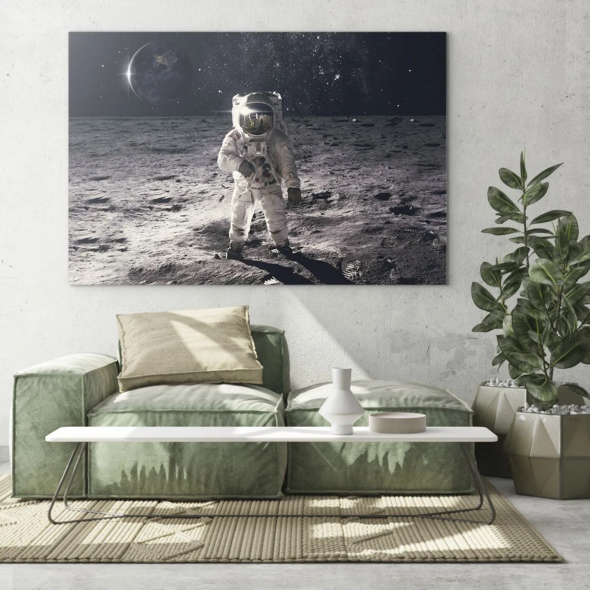 Obraz na szkle - Astronauta na powierzchni Księżyca z Ziemią w tle - 120x80cm - Pozdrowienia z Księżyca - Nowoczesna dekoracja ścienna do salonu, kuchni i sypialni ARTTOR