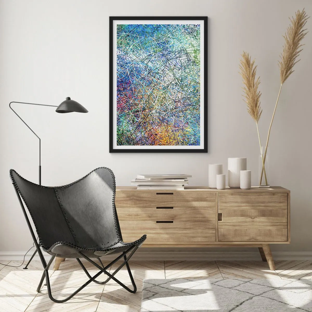 Plakat w czarnej ramie - Kolorowa abstrakcja z dynamicznymi liniami i odcieniami błękitu - 50x70cm - To nie takie proste - Nowoczesna dekoracja ścienna do salonu i sypialni ARTTOR