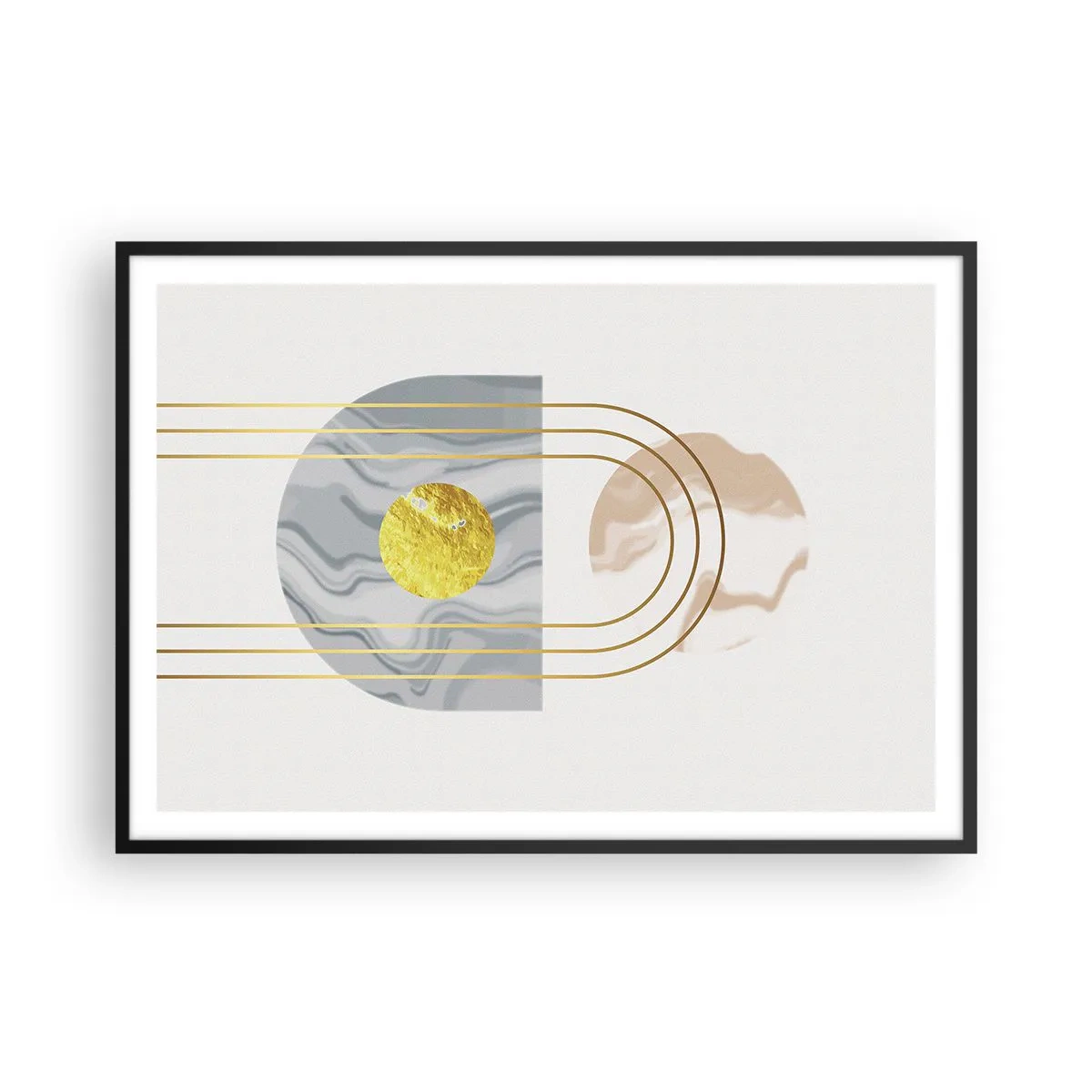 Plakat w czarnej ramie - Abstrakcyjna kompozycja z okręgami i złotymi liniami na jasnym tle - 100x70cm - Jasność i blask - Nowoczesna dekoracja ścienna do salonu i sypialni ARTTOR