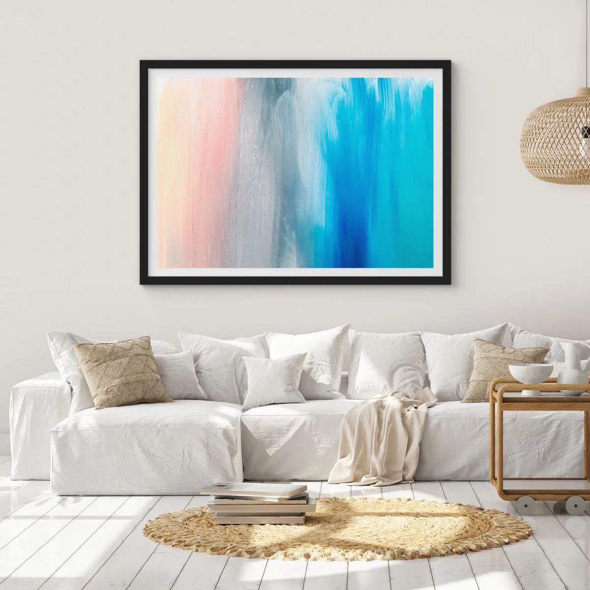 Plakat w czarnej ramie - Abstrakcyjne pociągnięcia pędzla w odcieniach błękitu i różu - 70x50cm - Żywioły: powietrze - Nowoczesna dekoracja ścienna do salonu i sypialni ARTTOR