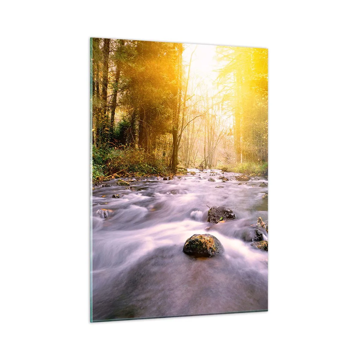 Obraz na szkle - Leśny strumień w blasku słońca - 50x70cm - Malachit w srebrno-złotej oprawie - Nowoczesna dekoracja ścienna do salonu, kuchni i sypialni ARTTOR