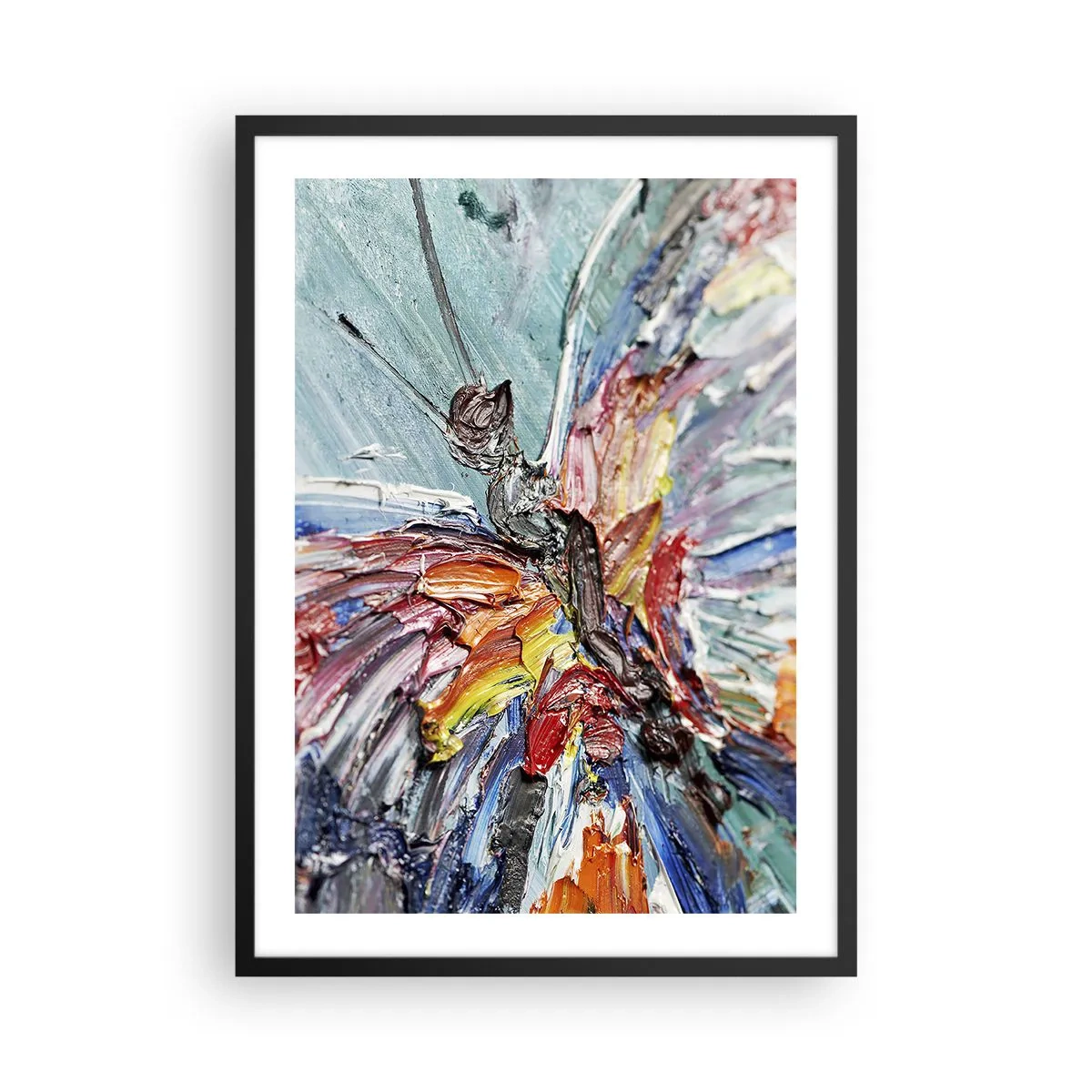 Plakat w czarnej ramie - Abstrakcyjny motyl w intensywnych kolorach i teksturach - 50x70cm - Pomalowany przez naturę - Nowoczesna dekoracja ścienna do salonu i sypialni ARTTOR