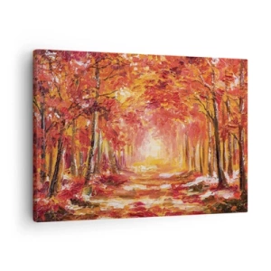 Obraz na płótnie - Jesienny las w odcieniach miedzi i złota - 70x50cm - Miedziany las - Nowoczesna dekoracja ścienna do salonu i sypialni ARTTOR