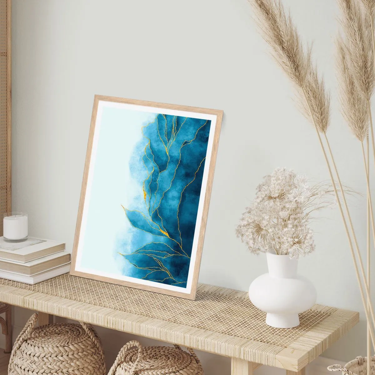 Plakat w ramie jasny dąb - Błękit w złocie - 50x70 cm