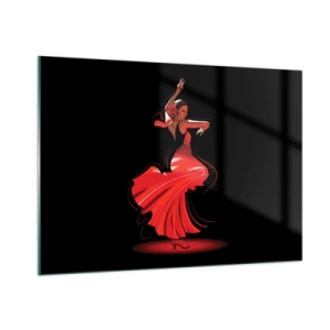 Obraz na szkle - Tancerka flamenco w czerwonej sukni na czarnym tle - 100x70cm - Ognisty duch flamenco - Nowoczesna dekoracja ścienna do salonu, kuchni i sypialni ARTTOR