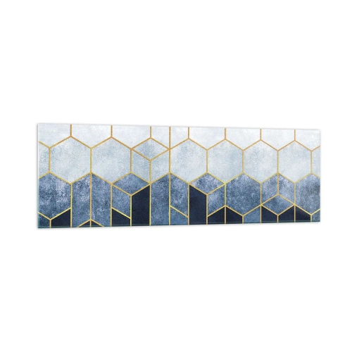 Obraz na szkle - Geometryczny wzór w odcieniach złota i granatu - 160x50cm - Kompozycja w synkopowym rytmie - Nowoczesna dekoracja ścienna do salonu i sypialni ARTTOR