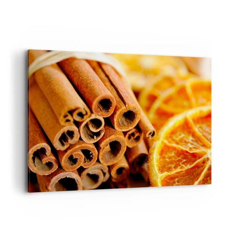 Obraz na płótnie - Laski cynamonu z suszonymi plastrami pomarańczy w ciepłych barwach - 120x80cm - Czujesz ich aromat? - Nowoczesna dekoracja ścienna do salonu, kuchni i sypialni ARTTOR
