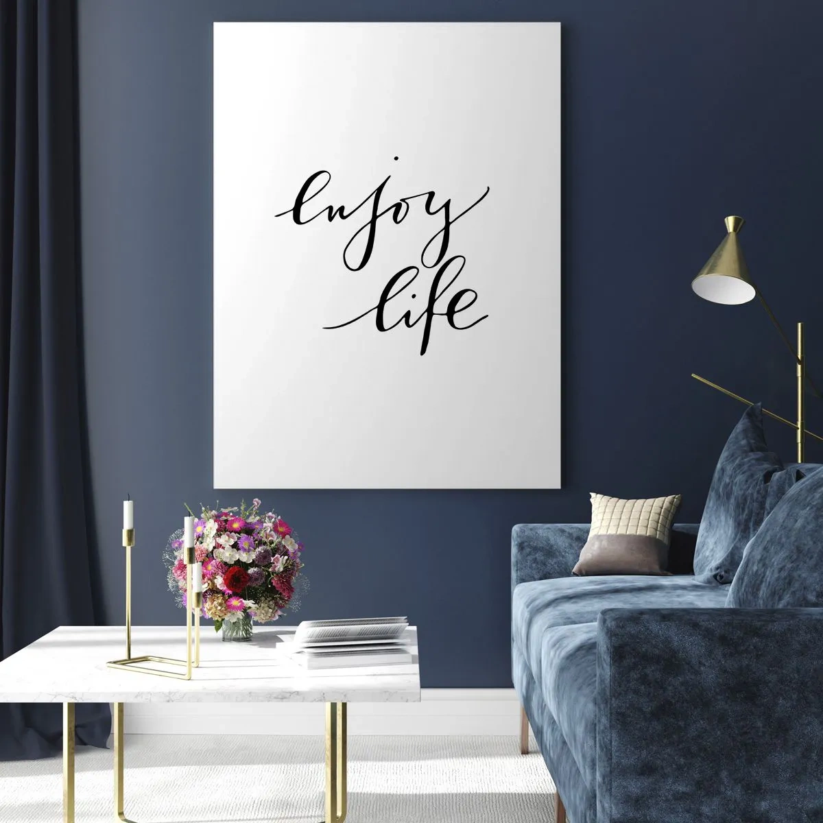Obraz na szkle - Minimalistyczny napis 'Enjoy life' w czerni na białym tle - 50x70cm - Nic dodać… - Nowoczesna dekoracja ścienna do salonu, kuchni i sypialni ARTTOR